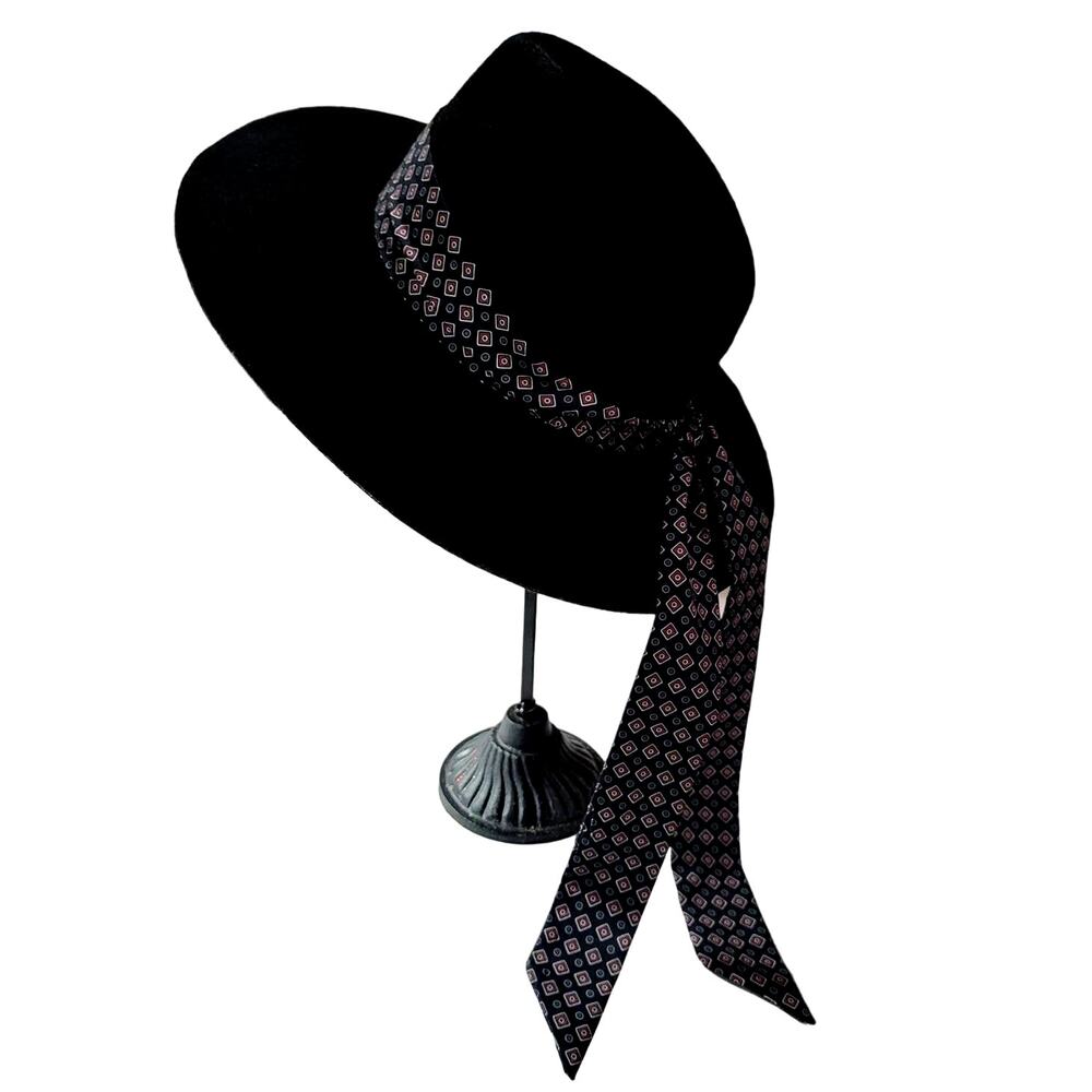 Zara Black Felt Hat with Printed Scarf Size Medium Boho Bohemian - Picture 7 of 10